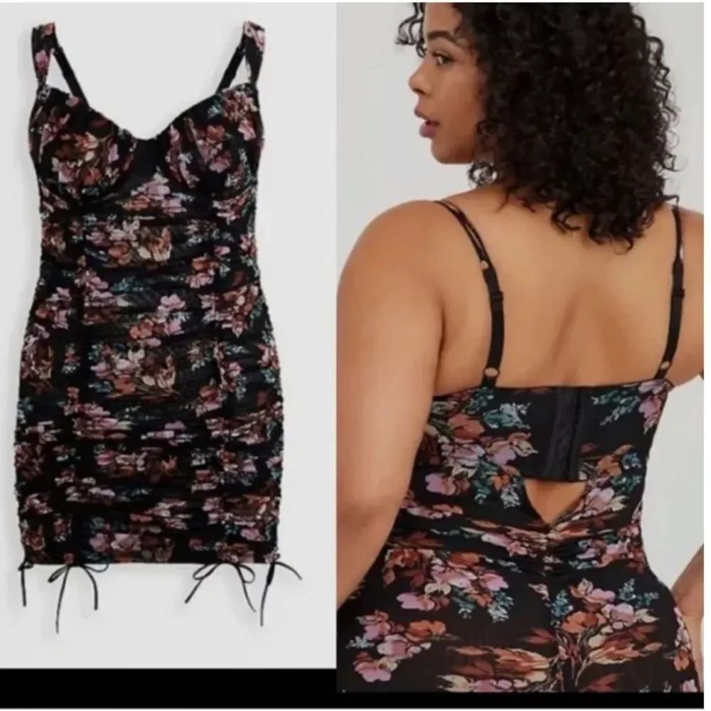 Torrid Curves Pretty Floral Black Underwire Ruched Mesh Lingerie Dress  Sz 2X